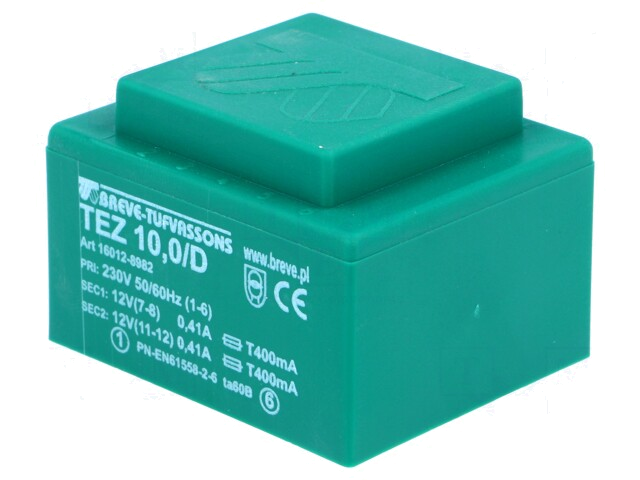 Transformator: ingegoten; 10VA; 230VAC; 12V; 12V; 416,6mA; 416,6mA Transformator: ingegoten; 10VA; 230VAC; 12V; 12V; 416,6mA; 416,6mA